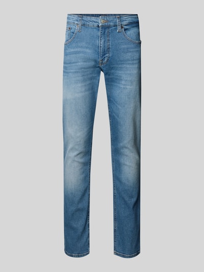 Produktfoto, Slim Fit Jeans aus Baumwoll-Mix Modell 'SCANTON SLIM' von Tommy Jeans in blauer Denim-Optik, 5-Pocket-Design, Label-Patch, Logo-Stitching, Knopf und verdeckter Reißverschluss, Gürtelschlaufen, Herren Slim-Fit Passform