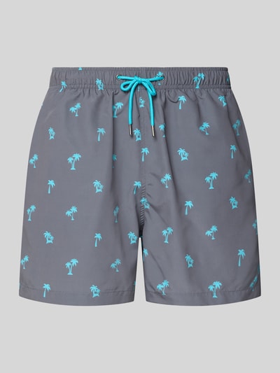 Produktfoto, Badehose mit elastischem Bund von MCNEAL in Grau mit türkisen Palmen, Regular-Fit, Tunnelzug, Eingriff- und Gesäßtaschen