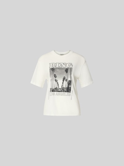 Produktfoto, T-Shirt mit Statement-Print von Anine Bing, Damen T-Shirt aus reiner Baumwolle, taillierte Passform, Rundhalsausschnitt, Motiv-Print, weiß mit schwarz-grauem Druck, glatte Textur.
