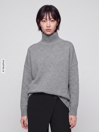 Frauenmodel trägt grauen Loose Fit Pullover aus reiner Wolle Modell 'BORGIA' von Max Mara, Damen Pullover von Weekend Max Mara, Ganzkörperansicht von vorne, KI-modifiziertes Bild.