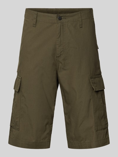 Produktfoto, Shorts mit Cargotaschen von Carhartt Work In Progress in Olivgrün, Regular Fit, robuste Textur, mehrere Taschen, Vorderansicht.
