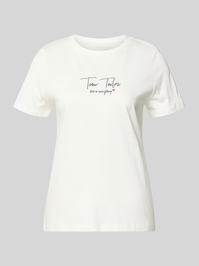 Productfoto, Regular Fit T-Shirt uit bio-katoenmix van Tom Tailor, effen wit, ronde hals, korte mouw, labelopdruk, damesmode.
