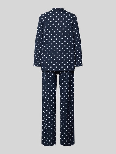Vrouwenmodel draagt Pyjama im Allover-Look van LOUIS & LOUISA, puur katoen, regular fit, pyjamabovendeel met reverskraag, knoopsluiting, donkerblauw met witte stippen, all-over look, geheel aanzicht achterkant.