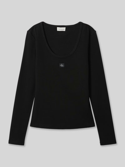 Productfoto, zwart dames shirt met ronde hals en lange mouwen, zacht oppervlak, klein CK-logo op borst, Calvin Klein.