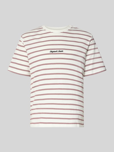 Produktfoto, T-Shirt mit Streifenmuster und Rundhalsausschnitt von Jack & Jones in Weiß mit roten Streifen, reine Baumwolle, Regular Fit