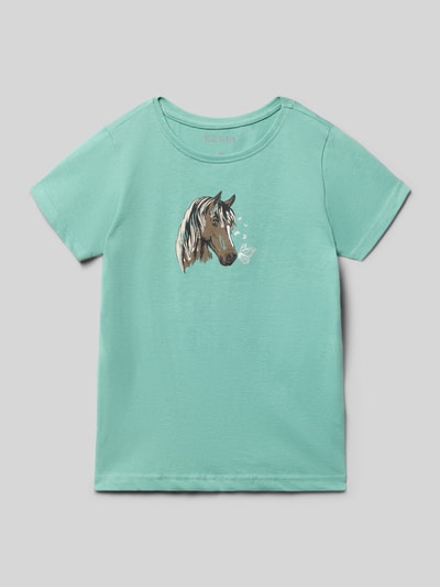 Produktfoto, T-Shirt mit Motiv-Print und Rundhalsausschnitt von Blue Seven, Kinder T-Shirt aus Reine Baumwolle, Regular-Fit, Rückenlänge 41 cm bei Größe 116, helles Türkis, glatte Textur, Pferde-Motiv vorn
