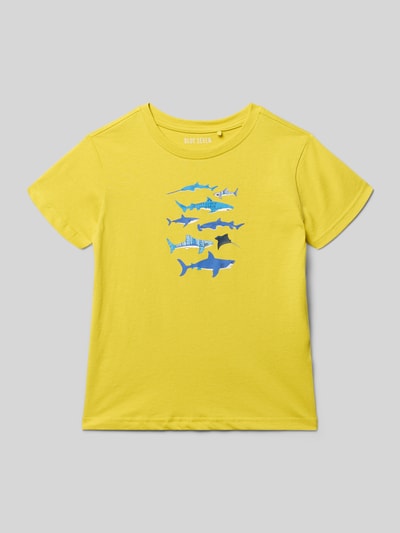 Produktfoto, Kinder T-Shirt mit Motiv-Print und Rundhalsausschnitt von Blue Seven in Gelb, Reine Baumwolle, Regular-Fit, Rückenlänge 42 cm bei Größe 116