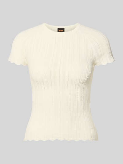 Produktfoto, Slim Fit Strickpullover aus Viskose-Mix Modell 'FICE' von BOSS Orange in Strickoptik, cremeweiß, strukturierte Oberfläche, Rundhals, Kurzarm.