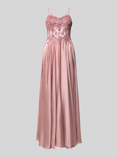 Produktfoto, Abendkleid mit Zierstein- und Paillettenbesatz von Mascara, satyn, krój taliowany, dekolt serce, koronkowe zdobienia, haft floralny, bez rękawów, ramiączka spaghetti, długość maxi, zamek kryty, długość tyłu w rozmiarze 36: 138 cm, szerokość w rozmiarze 36: 34 cm