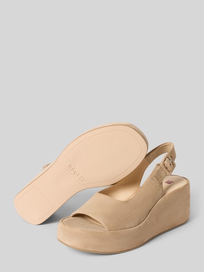 Produktfoto, Wedges aus Leder mit Keilabsatz mit Plateau von Högl, echtes leer, afgeronde punt, riempjes met doornsluiting, gladde zool, hakhoogte maat 39 7 cm, schachtbreedte maat 39 5 cm, beige tinten, matte textuur, plateauzool