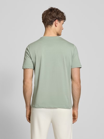 Männermodel trägt Regular Fit T-Shirt mit Logo-Print von SERGIO TACCHINI in hellem Grün, reine Baumwolle, Rückenansicht, Ganzkörperansicht Rückansicht.