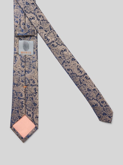 Produktfoto, Seidenkrawatte mit Paisley-Muster von MONTI in klassischer Form aus reiner Seide mit Schlaufe, Label-Detail, 7 cm Breite, beige-blauer Farbverlauf, feine und glatte Textur