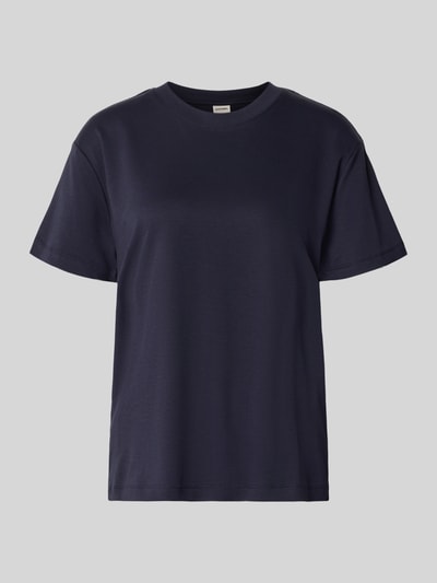 Produktfoto, dunkelblaues T-Shirt mit Rundhalsausschnitt von Stefanel, reine Baumwolle, gerader Schnitt, glatte Oberfläche, Rückenlänge 61 cm