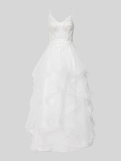 Produktfoto, Brautkleid mit Details mit voluminösen Rockvolants von LUXUAR FASHION w białym kolorze, z taliowanym krojem, efektem stopniowania, detalami z koronki, wszytym zamkiem błyskawicznym, dekoltem w serek, z obszernymi falbanami, materiał wytrzymały, długość tyłu w rozmiarze 36: 126 cm, szerokość klatki piersiowej w rozmiarze 36: 40 cm