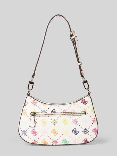 Produktfoto, Shoulder Bag mit Allover-Logo-Print Modell 'Emelie' von Guess in Weiß mit buntem Muster, Hauptfach mit Reißverschluss, abnehmbarer Schulterriemen, Logo-Detail, Breite 26 cm, Länge 16 cm, Tiefe 6 cm, Länge Schulterriemen 56 cm.