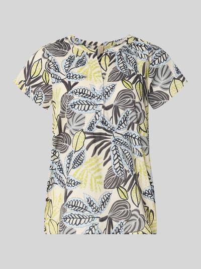 Produktfoto, Relaxed Fit T-Shirt mit floralem Allover-Print von Soyaconcept für Damen aus Reiner Baumwolle, Tunika-Ausschnitt, Rückenlänge bei Größe S 66 cm, Ärmellänge 14 cm, bunte Muster in Gelb, Blau und Schwarz.