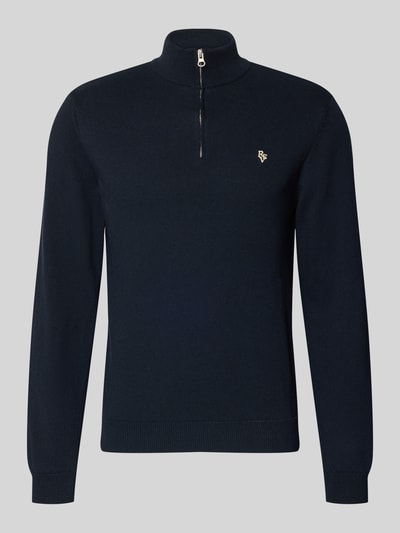 Produktfoto, Troyer mit Logo-Stitching und kurzem Reißverschluss von REVIEW, dunkelblau, gerippte Abschlüsse, Modern Fit, Baumwoll-Mix