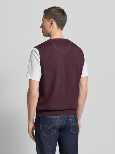 Männermodel trägt Pullunder mit Label-Stitching von Fynch-Hatton in Dunkelrot aus reiner Baumwolle, Regular-Fit, Gerippte-Abschlüsse, Ganzkörperansicht Rückansicht.