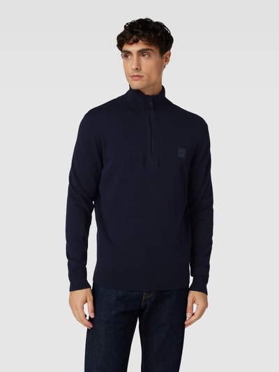 BOSS Orange Gebreide pullover met korte ritssluiting, model 'Kanobix' Marineblauw - 4