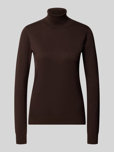 Produktfoto, Slim Fit Strickpullover aus Viskose-Mix Modell 'IHLULS' van ICHI, dames trui met col, elastische boorden, kleur donkerbruin, fijne textuur