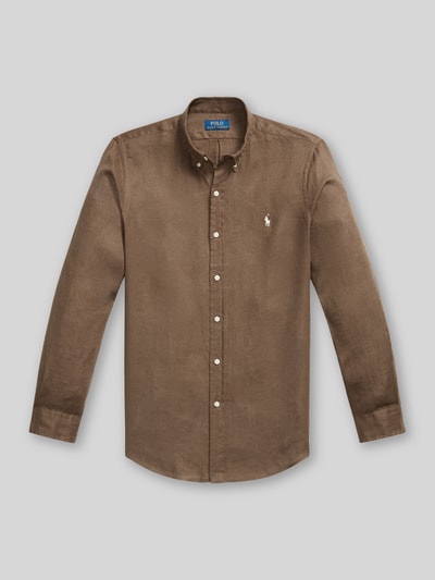 Productfoto, Slim Fit Freizeithemd aus reinem Leinen van Polo Ralph Lauren, effen bruin, lange mouwen, button-down kraag, logo-detail