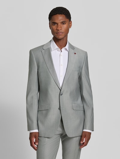 Männermodel trägt Slim Fit Anzug aus Schurwoll-Mix mit Viskose-Anteil von ROY ROBSON in Hellgrau, schlichte Textur, Ganzkörperansicht von vorne.