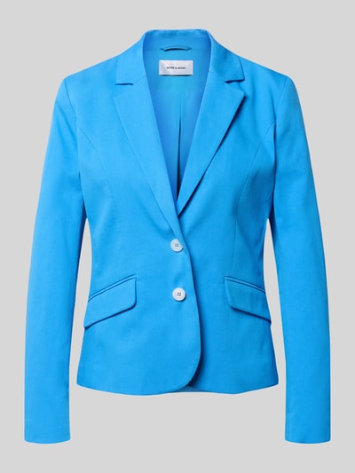 Produktfoto, Blazer mit Pattentaschen und Reverskragen von More & More in leuchtendem Blau, Baumwoll-Mix mit Stretch-Anteil, taillierter Schnitt, Knopfleiste, Brustweite 104 cm, Rückenlänge 58 cm, Ärmellänge 68 cm, glatte Textur.