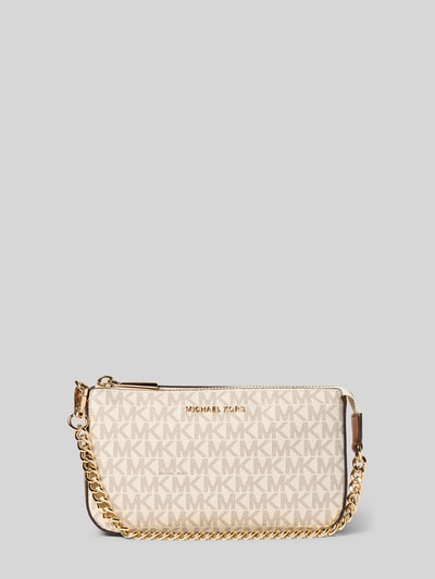 Produktfoto, Shoulder Bag mit Logo-Applikation Modell 'Jet Set' von MICHAEL Michael Kors, Allover-Logo-Print, helle Farben, goldfarbene Gliederkette, rechteckige Form, Hauptfach mit Reißverschluss, Damen Tasche, Maße: 20x12x5 cm, Länge Trageriemen 14 cm.