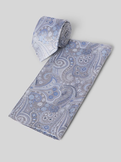 Produktfoto, Krawatte und Einstecktuch im Set aus reiner Seide von Prince Bowtie, klassisches Paisleymuster in Blau und Silber, glatte Textur