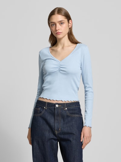 Only Slim Fit Langarmshirt aus Baumwoll-Mix mit Frill-Abschlüssen Modell 'BETTY' Hellblau 4