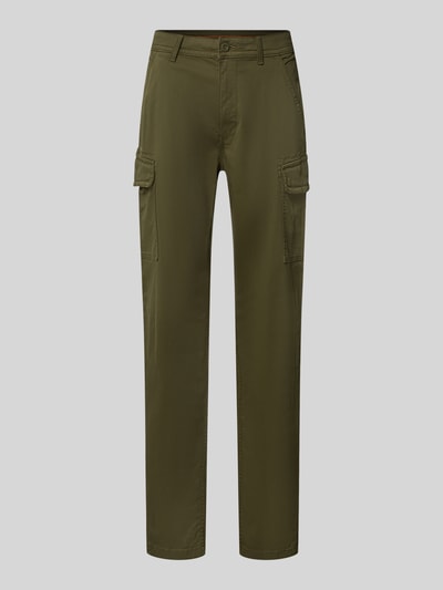 Produktfoto, Straight Fit Cargohose aus reiner Baumwolle Modell 'YASUNI' von Napapijri in Olivgrün mit Knopf- und Reißverschluss, sichtbare Seiten-, Cargo- und Gesäßtaschen, glatte Textur, Herren Cargohose.