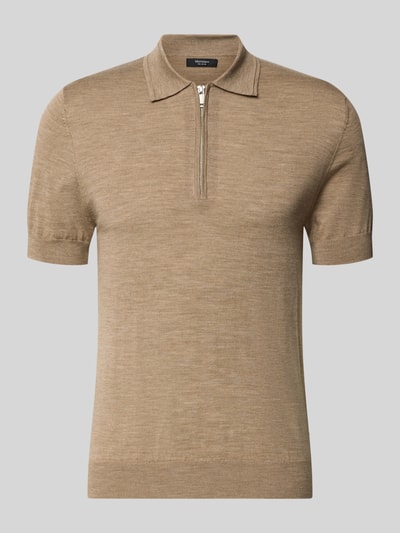 Produktfoto, Slim Fit Poloshirt aus reiner Wolle von Matinique in Beige mit Strick-Optik, Polo-Kragen, elastische Abschlüsse, Rückenlänge 70 cm