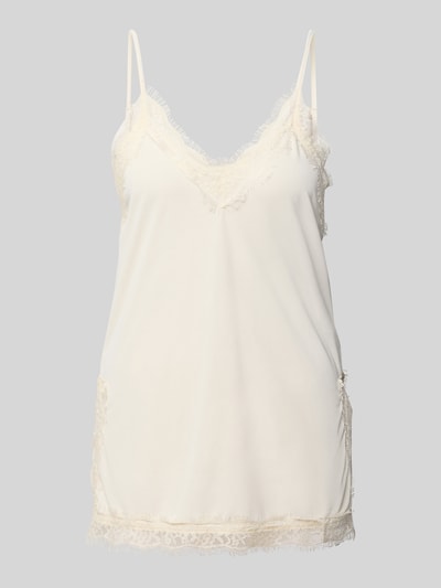 Produktfoto, Blusentop mit Spitzebesatz und Spaghettiträgern von Gina Tricot in Creme, Regular Fit, V-Ausschnitt, feine Spitzenstruktur