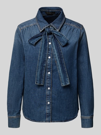 Produktfoto, Hemdbluse in Denim-Optik van Oui in donkerblauw, katoen-elastaanmix, klassieke kraag, strikdetail, drukknoopsluiting