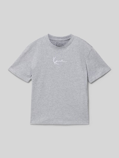 Produktfoto, T-Shirt mit Rundhalsausschnitt und Logo-Stitching von KARL KANI aus reiner gewachster Baumwolle in Grau, gerader Schnitt, glatte Textur.