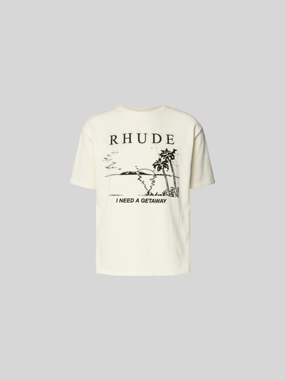 Produktfoto, Regular Fit T-Shirt mit Logo-Print von RHUDE aus reiner Baumwolle in Weiß mit schwarzem Motiv-Print und Rundhalsausschnitt.