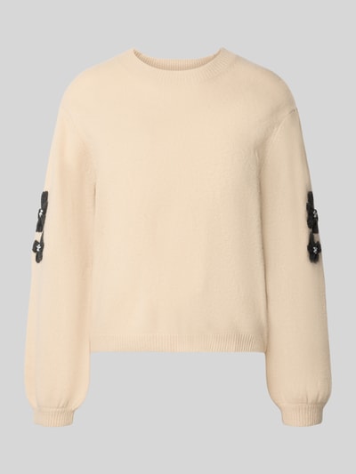 Produktfoto, Strickpullover aus Wolle mit Stitchings und Perlen von Christian Berg Woman in Beige, Rundhalsausschnitt, Relaxed Fit, texturiert