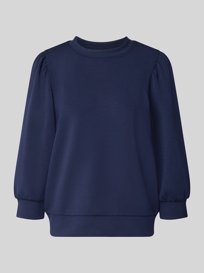 Produktfoto, Relaxed Fit Sweatshirt aus elastischem modalmix von Rich & Royal in donkerblauw, dames sweatshirt met plooien aan de schouderpartijen, ronde hals, 3/4-mouw, zachte gladde textuur