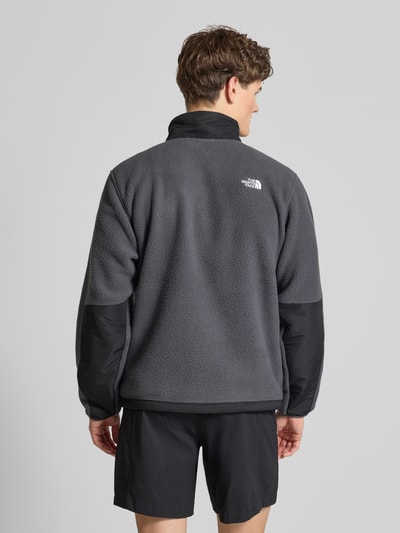 Männermodel trägt Fleecepullover mit Napoleontasche Modell 'YUMIORI' von The North Face in Grau mit schwarzen Details, Ganzkörperansicht Rückansicht.