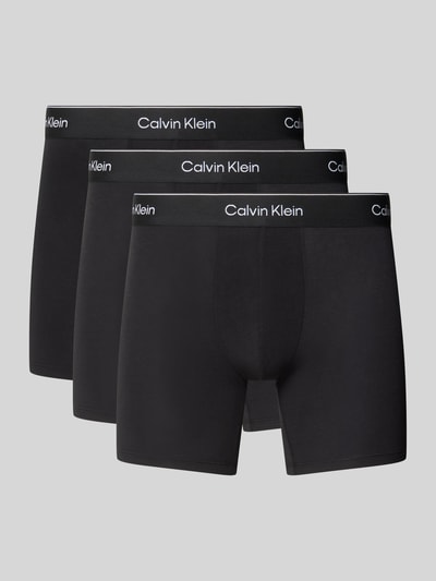 Produktfoto, Pant & Trunk mit elastischem Label-Bund im 3er-Pack von Calvin Klein Underwear, schwarzer Baumwoll-Elasthan-Mix, eng anliegender Schnitt, glatte Textur, kontrastierender Bund