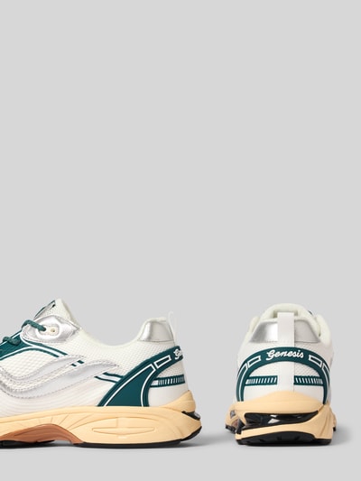 Produktfoto, Sneaker mit Logo-Detail Modell 'Ultra' von Genesis, Herren Sneaker mit abgerundeter Passform, Schnürverschluss, Absatzhöhe 4 cm, Schafthöhe 8 cm, Schaftweite 10 cm, grüne, cremefarbene und silberne Farbkombination, strukturierte Oberfläche auf glatter Sohle