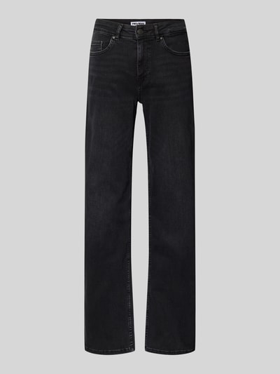 Produktfoto, Straight Fit Jeans im 5-Pocket-Design von Review aus schwarzem elastischem Baumwoll-Mix, Knopf- und Reißverschluss, glatte Textur