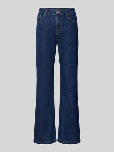 Produktfoto, Straight Fit Jeans mit Gehschlitzen von MYON in dunklem Blau, 5-Pocket-Design, sichtbarer Knopf- und Reißverschluss, strukturierte Denim-Textur, gerades Bein, Kontext: Damen Jeans, Bundweite 40 cm, Innenbeinlänge 82 cm.