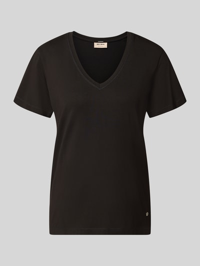 Produktfoto, Regular Fit T-Shirt mit V-Ausschnitt Modell 'Dala' von MOS MOSH aus Modal-Mix in Schwarz, Label-Emblem sichtbar, Damen T-Shirt