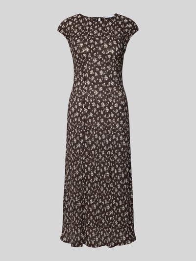 Produktfoto, braunes Midikleid im Allover-Look Modell 'POME' von Mango mit figurbetontem Schnitt, Rundhalsausschnitt und floralen Mustern.