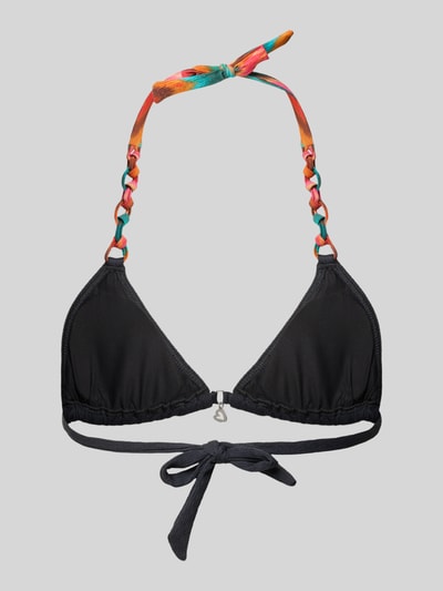 Produktfoto, Bikini-Oberteil mit Schnürung Modell 'YERO CHAINY' von Banana Moon, Schwarz mit bunten Details, Material-Mix mit Stretch-Anteil, Körpernahe Passform, Rückseitige Schnürung