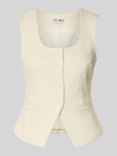 Produktfoto, Weste aus Viskose-Mix mit Strukturmuster Modell 'KATE LUMINA' van ICHI in crème, slim fit met opgestikte zakken, ronde hals, knoopsluiting, getextureerde stof