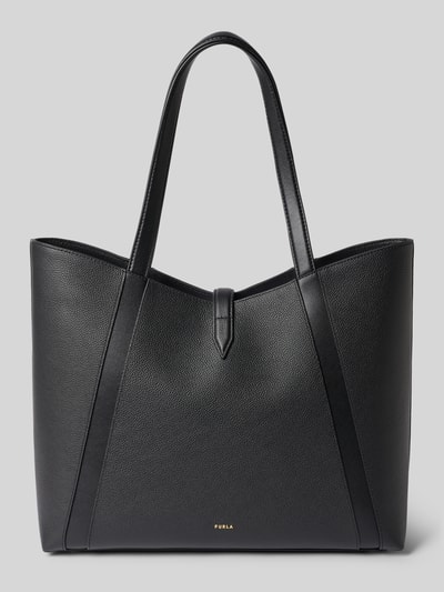 Produktfoto, schwarze Handtasche aus echtem Leder mit Logo-Detail Modell 'Goccia' von FURLA, offenes Hauptfach, schmale Schulterriemen, strukturierte Textur
