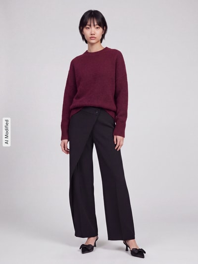 Vrouwenmodel draagt oversized pullover met wol model 'BOOM' van VERO MODA in bordeaux met zwarte broek, Ganzlichaamsvooraanzicht, KI-modified beeld
