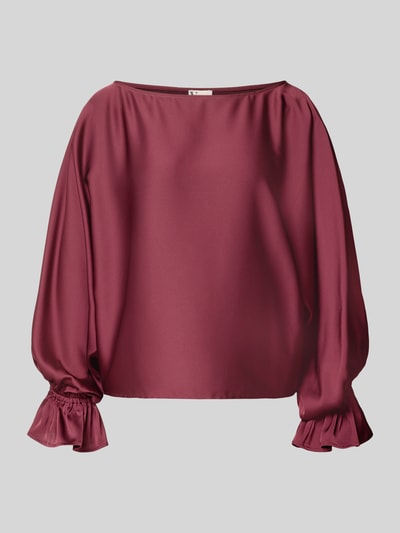 Produktfoto, Blusenshirt aus Satin mit Rundhalsausschnitt von V by Vera Mont in Bordeaux, glatte Oberfläche, Trompetenärmel, Regular Fit, Damenmode
